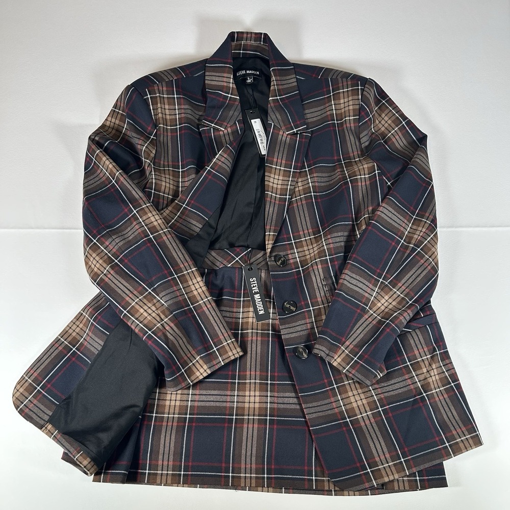 Steve Madden Women 12 Plaid 2 Piece Skirt Suit Navy Brown Preppy NWT